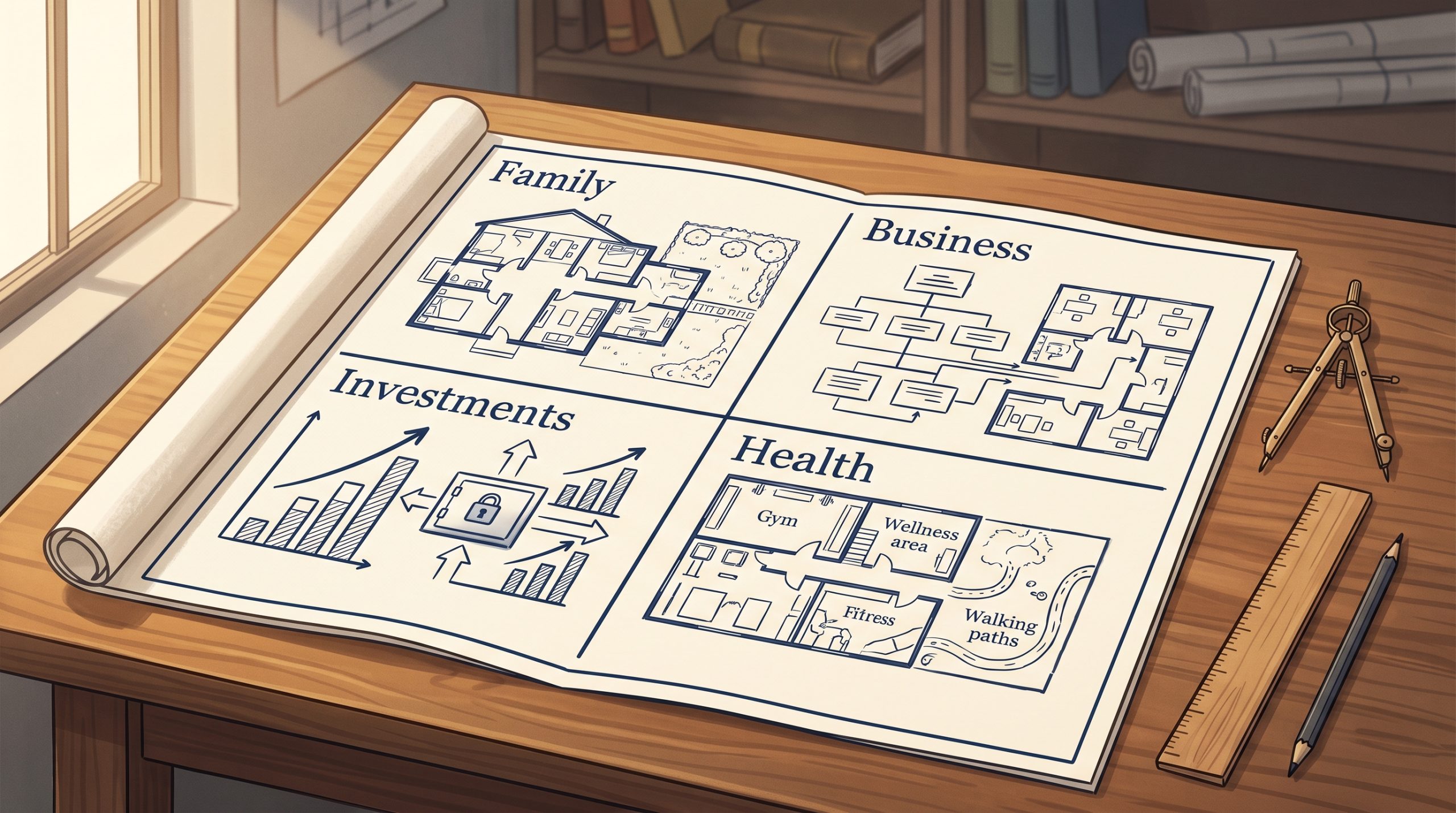 Architectural blueprint on a wooden desk showing four quadrants: Family, Business, Investments, Health.